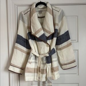 Chico's Cream and Gray Striped Trench Coat